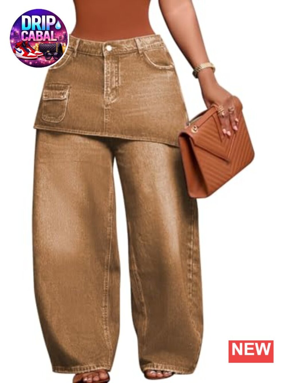 Women Baggy Cargo Jeans Skirt Overlay Pants High Rise Pockets